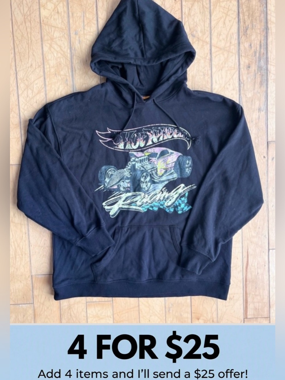 Hot Wheels Distressed Racing Graphic Black Sweatshirt Hoodie Size Medium